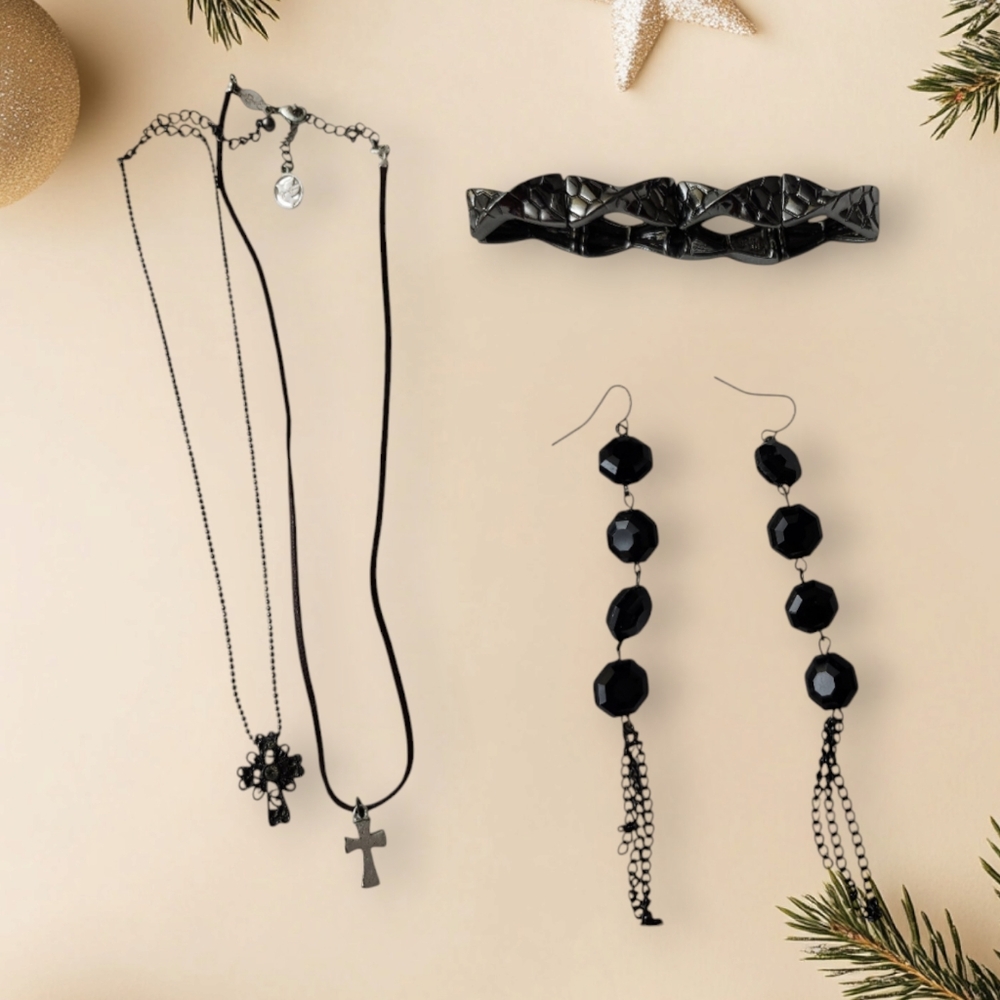 Lot (4) Embellished Cross Pendant, Bracelet, Earrings, Cord with Cross Pendant●